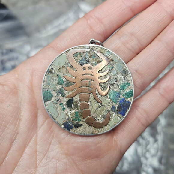 1940s Scorpion Pendant Vtg Mexico Sterling Copper & Stone Mosaic Inlay - Picture 3 of 3